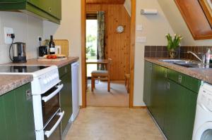 a kitchen with green cabinets and a sink at Loch View Lodge in Dunoon