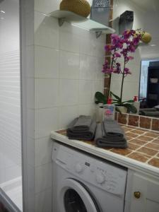 uma cozinha com uma máquina de lavar roupa na casa de banho em Vieille Ville 1 - Luca's Apartment, 1 bedroom, max 2 adults and 2 kids em Antibes