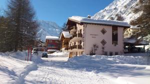 a building covered in snow in front of a mountain at Appartment & Taxi Tirana in Samnaun