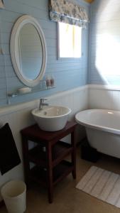 a bathroom with a tub and a sink and a mirror at Shepherd Farm in Winterton