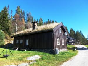 a barn with a grass roof on a field at Hogstul Hytter - Gamlestua in Tuddal