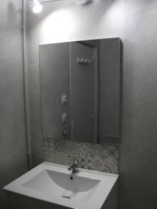 a bathroom with a sink and a large mirror at L'Eldorado in Courseulles-sur-Mer