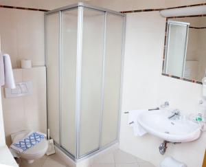 een badkamer met een douche, een wastafel en een toilet bij Gasthaus Abram in Ora/Auer