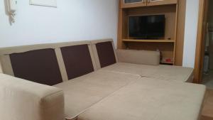 uma sala de estar com duas camas e uma televisão em Marnoto´s City Apartment em Aveiro