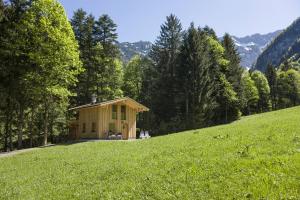 a small wooden house on a hill in a field at Chalet Auszeit in Walchsee