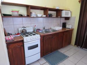 a kitchen with a white stove and a sink at Ellen Bay Cottages in Saint Philips