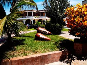 a house with two inflatable objects in the grass at Hotel Cocos Inn in Ica