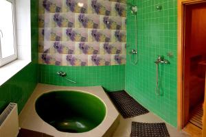 a green tub in a green tiled bathroom at Перлина Дністра in Rudkovtsy