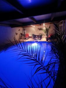 uma grande piscina com iluminação azul num quarto em Le Tacot em Auxon-Dessus