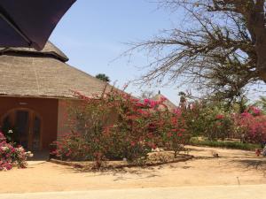 une maison avec des fleurs roses devant elle dans l'établissement Baobab Lodge, à Fadial