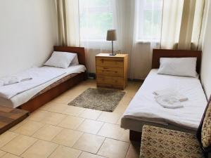a room with two beds and a table and two windows at Dusan Apartments in Orlová