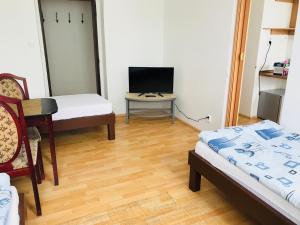 a room with two beds and a table with a television at Dusan Apartments in Orlová