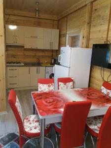 ウズンギョルにあるKatipogulları Apartのキッチン(テーブル、赤い椅子、白い冷蔵庫付)