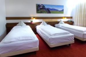 ein Hotelzimmer mit 3 Betten in einem Zimmer in der Unterkunft Hotel Daniela in Meran