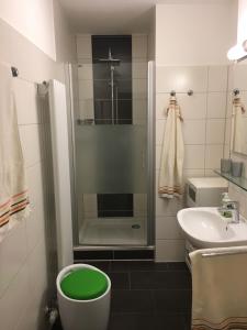 ein Bad mit einer Dusche, einem WC und einem Waschbecken in der Unterkunft Villa Cosima in Bansin
