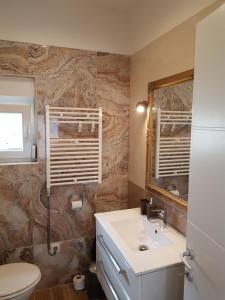 un bagno con lavandino, WC e specchio di Apartment Ulika a Marčana Altre 31 foto
