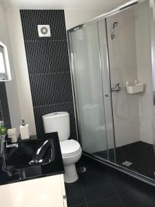 a bathroom with a shower and a toilet and a sink at Loft-Entre a praia e o campo in Nazaré +12 photos