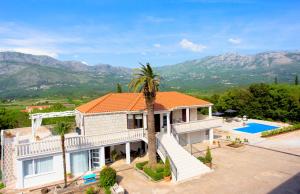 a house with a palm tree and a swimming pool at Apartment Villa Two Palms in Gruda