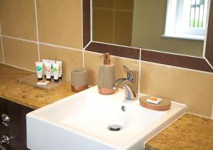 lavabo blanco en el baño con espejo en The Warwick Arms Hotel en Warwick