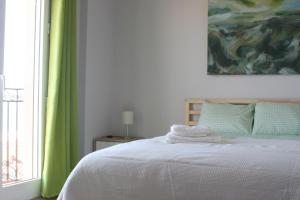 a bedroom with a bed with green curtains and a window at The Place to Be in Alicante