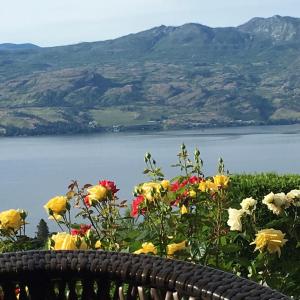 a bunch of flowers on a fence with a view of a lake at Bella Luna Bed and Breakfast in West Kelowna