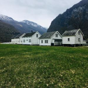 a group of white houses in a field with mountains at Brekke Gard Hostel in Flåm