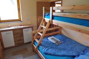 two bunk beds in a small room with a sink at Apartma Marjetica II. in Blejska Dobrava