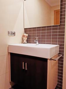 łazienka z białą umywalką i lustrem w obiekcie SANXENXO SUITES CON VISTAS Muy Bien Ubicado w mieście Sanxenxo +37 zdjęć