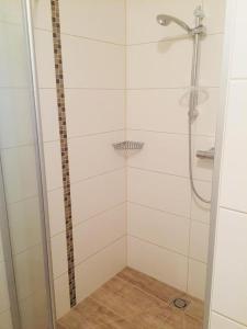 ein Bad mit einer Dusche und einer Glastür in der Unterkunft Ferienwohnung Steirerbusserl in Kirchdorf