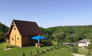 a wooden house with a blue roof on a field at Agroturystyka u Krystyny in Rybczewice
