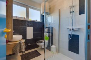 a bathroom with a toilet and a glass shower at Apartment Marija in Petrcane +21 photos