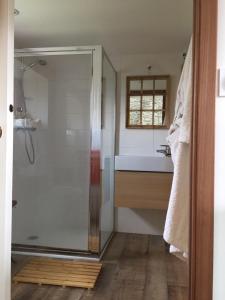 ein Bad mit einer Dusche und einem Waschbecken in der Unterkunft Le Gîte "Le Grand Chêne" in Le Cloître-Saint-Thégonnec