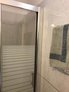 La salle de bains est pourvue d'une douche avec une porte en verre. dans l'établissement Remezzo Apartments, à Sami