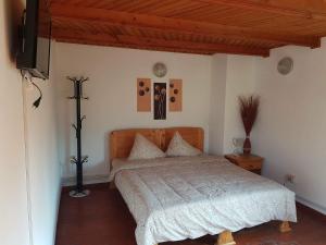 a bedroom with a bed and a television in it at Casa COLT DE RAI in Brezoi