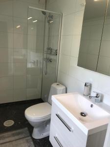 a bathroom with a toilet and a shower and a sink at Tunold Gård - Gamle huset in Mindresunde +33 photos