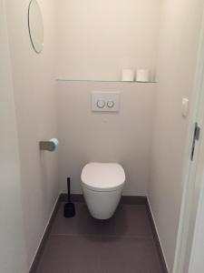 a white toilet in a bathroom with a mirror at Chantal in Brun Culot