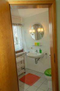 a bathroom with a sink and a toilet and a mirror at Pension zum Schwanenteich in Neuhaldensleben +43 photos