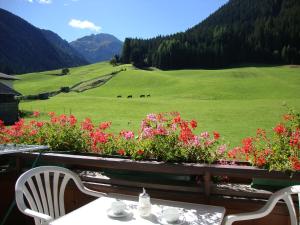 a table with flowers and a view of a field at Haus Annemarie Apartments Kartitsch - Hochpustertal in Kartitsch