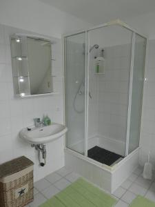 y baño con ducha y lavamanos. en Gästewohnung Magdeburg en Magdeburgo