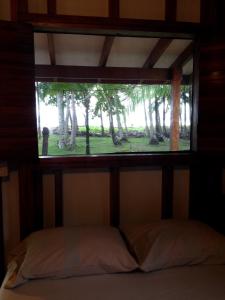 a window in a room with a bed and trees at Cabinas Sol y Mar in Zancudo