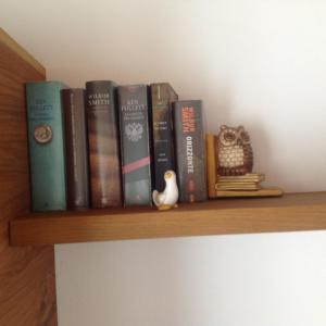 eine Reihe von Büchern auf einem Regal mit Eulenornamenten in der Unterkunft Rooms dei Minatori in Pergine Valsugana