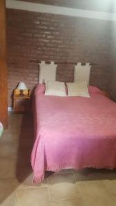 1 dormitorio con 1 cama grande con manta rosa en Departamentos Calamuchita en Santa Rosa de Calamuchita