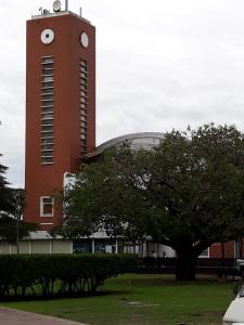un edificio con una torre de reloj con un árbol delante en Bajada Sargento Cabral en Rosario