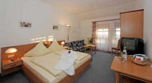 ein Hotelzimmer mit einem Bett und einem TV in der Unterkunft Landhotel Tannenhof in Spiegelau