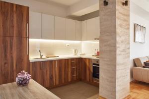 a kitchen with wooden cabinets and a counter top at Smart Apartments in Skopje
