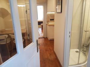 a bathroom with a shower and a glass door at Schiller Apartments in Sibiu