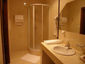 W łazience znajduje się prysznic, umywalka i umywalka. w obiekcie Pokoje Gościnne Gum-Bar w mieście Biskupice