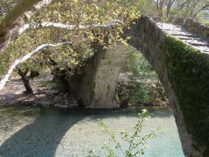 eine alte Steinbrücke über einen Wasserkörper in der Unterkunft Hotel Taxiarches in Aristi