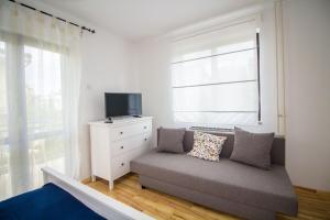 a living room with a couch and a tv and a window at Pineta House Vidos in Poreč