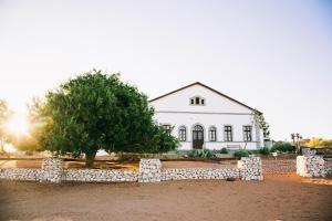 ein weißes Haus mit einem Baum davor in der Unterkunft White House Guest Farm in Grünau